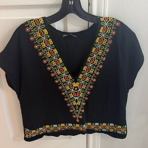 Zara Black Crop Top with Colorful Embroidery